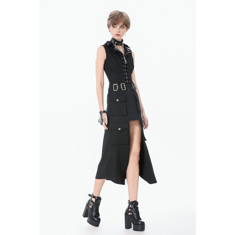 Dark in Love Punk Layered-Pocket Cutout Belted Long Skirt
