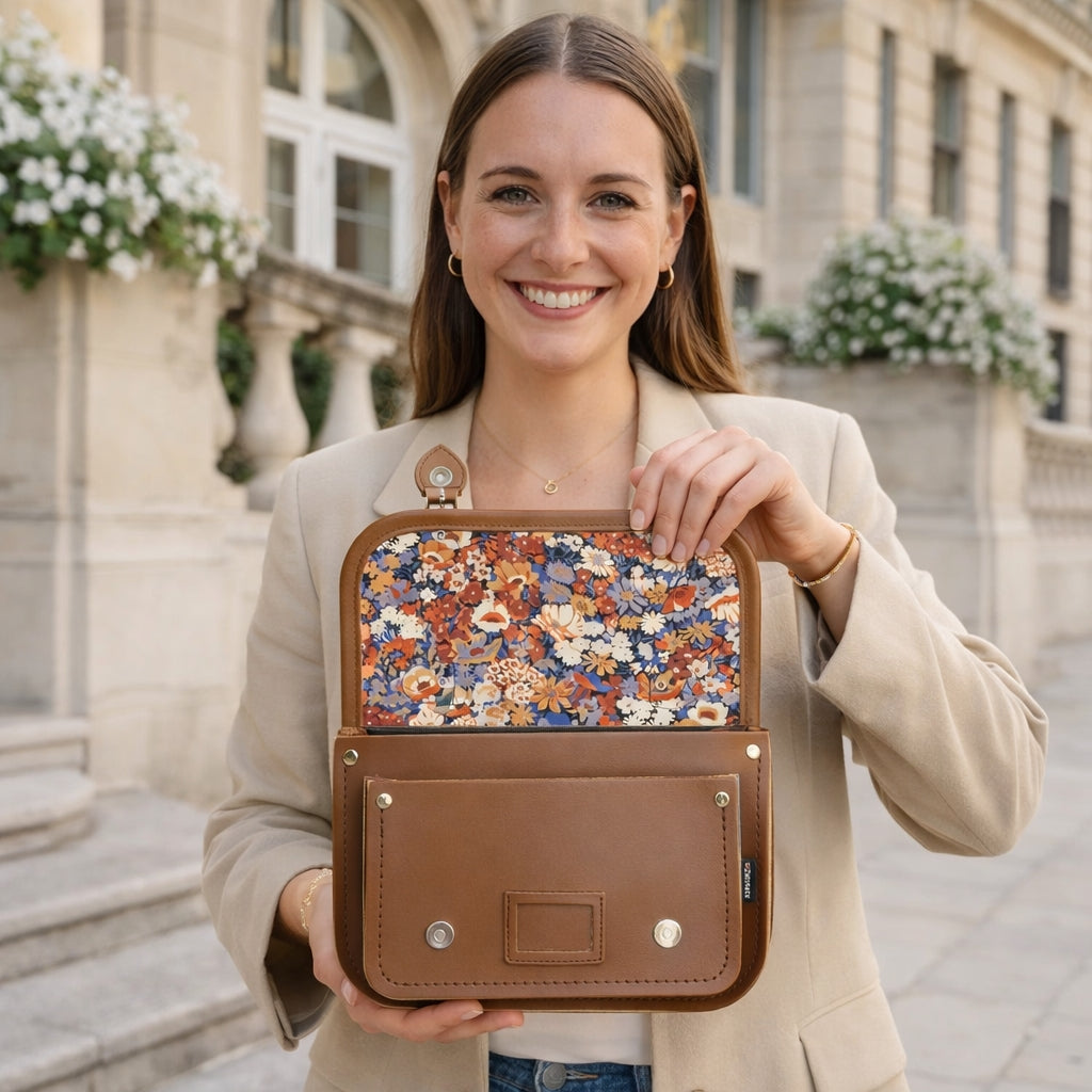 Floral Lined Leather Midi Satchel in Chestnut