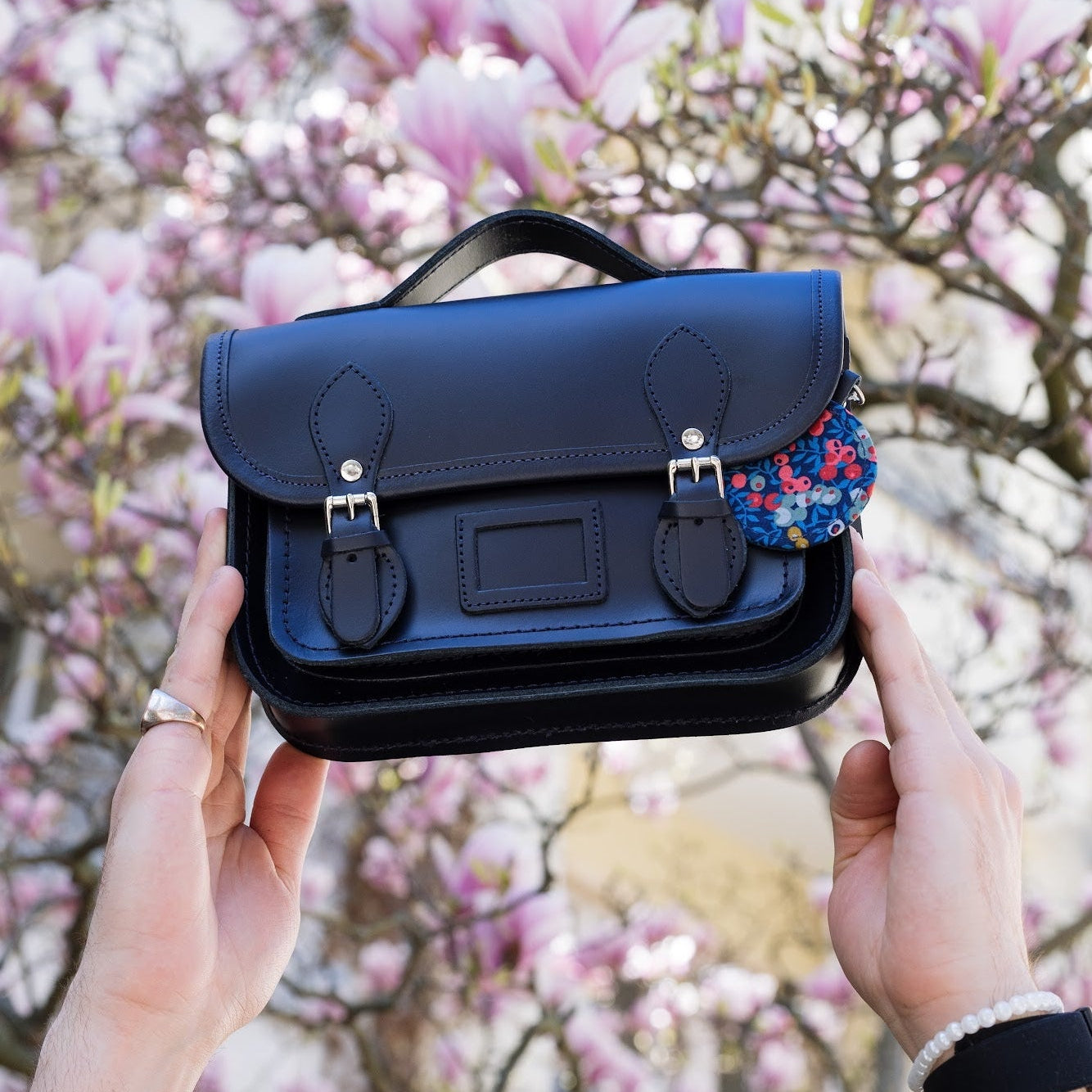 Floral Lined Leather Midi Satchel in Navy