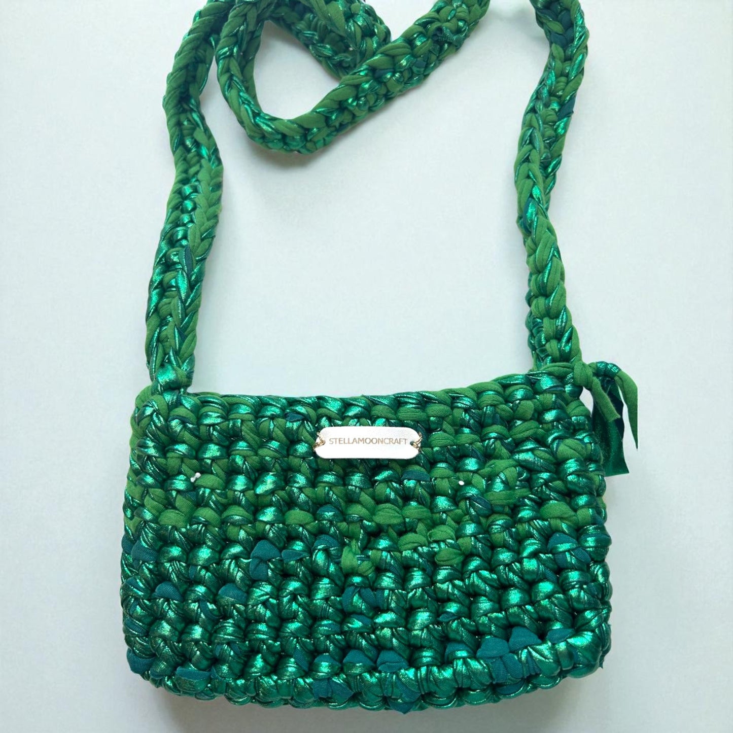 Metallic Green Handmade Crochet Festival Bag, Long Crossbody Strap