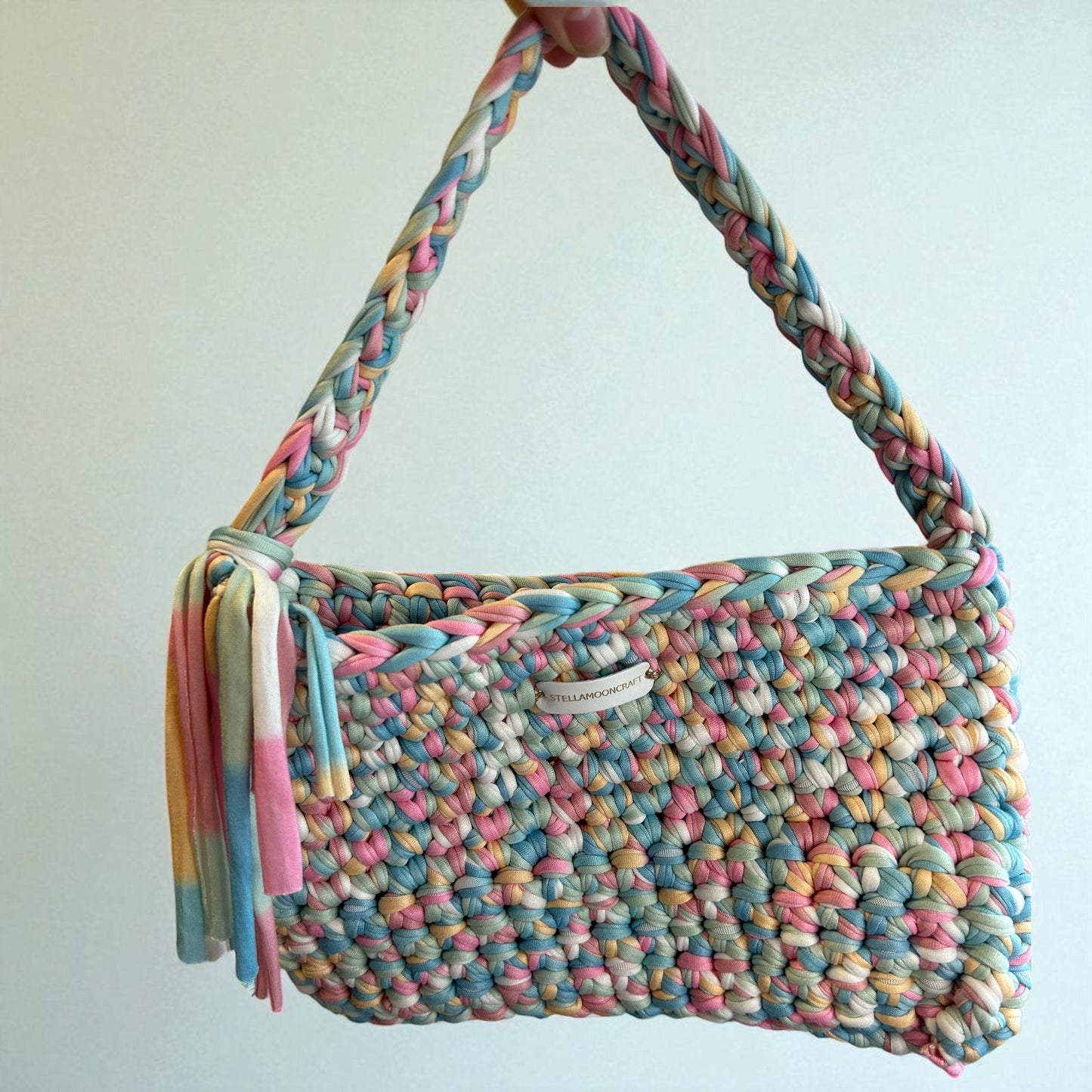 Rainbow Pastel Crochet Bag, Handmade with T-Shirt Yarn