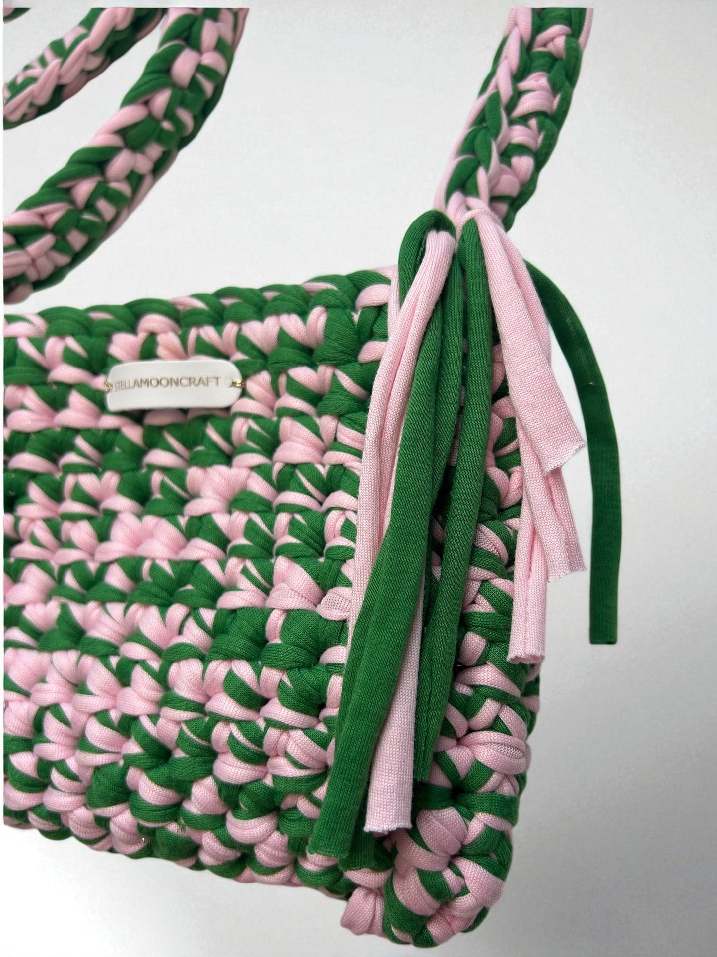 Green and Pink Crochet Bag, Handmade with T-Shirt Yarn