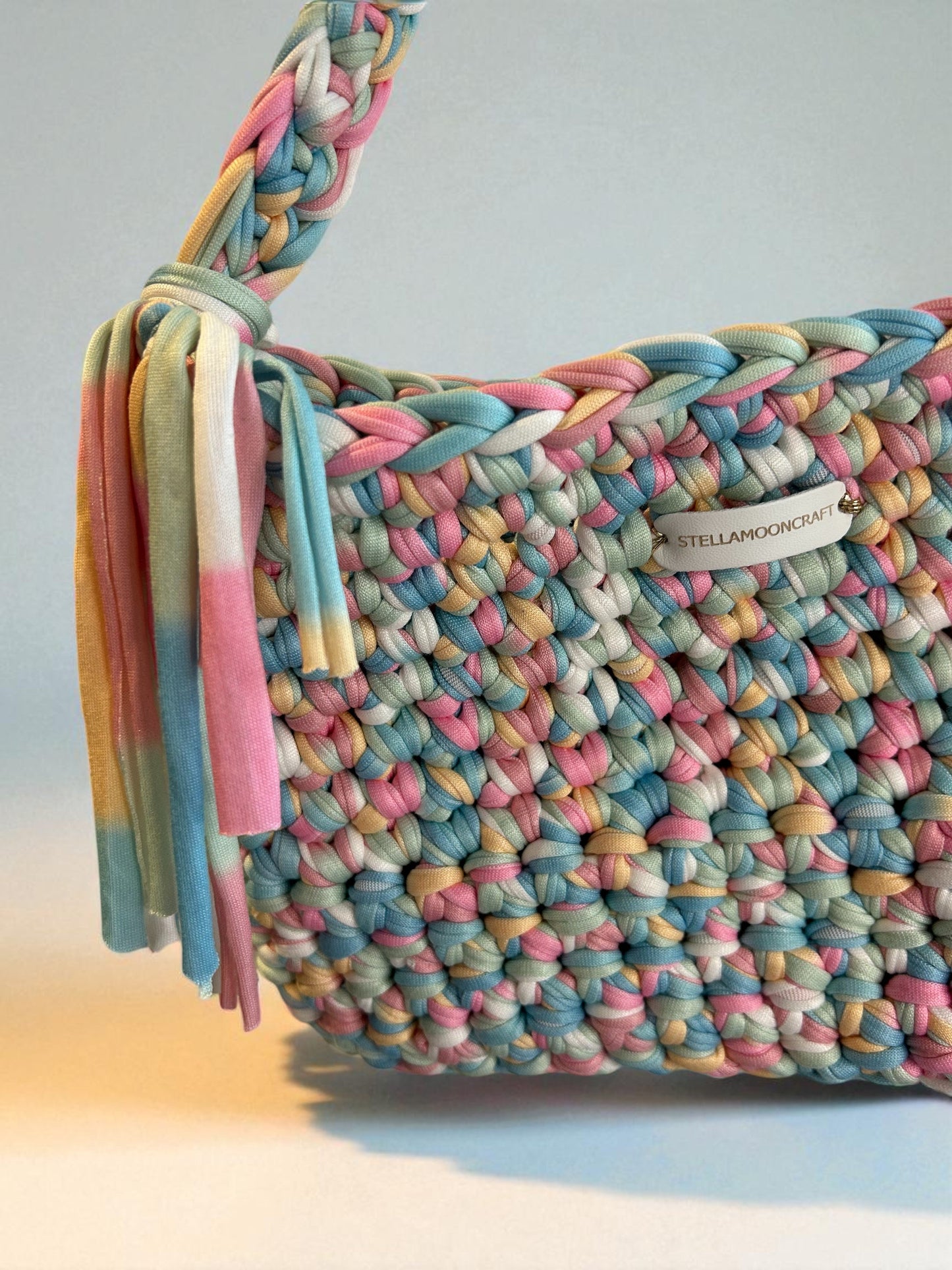 Rainbow Pastel Crochet Bag, Handmade with T-Shirt Yarn