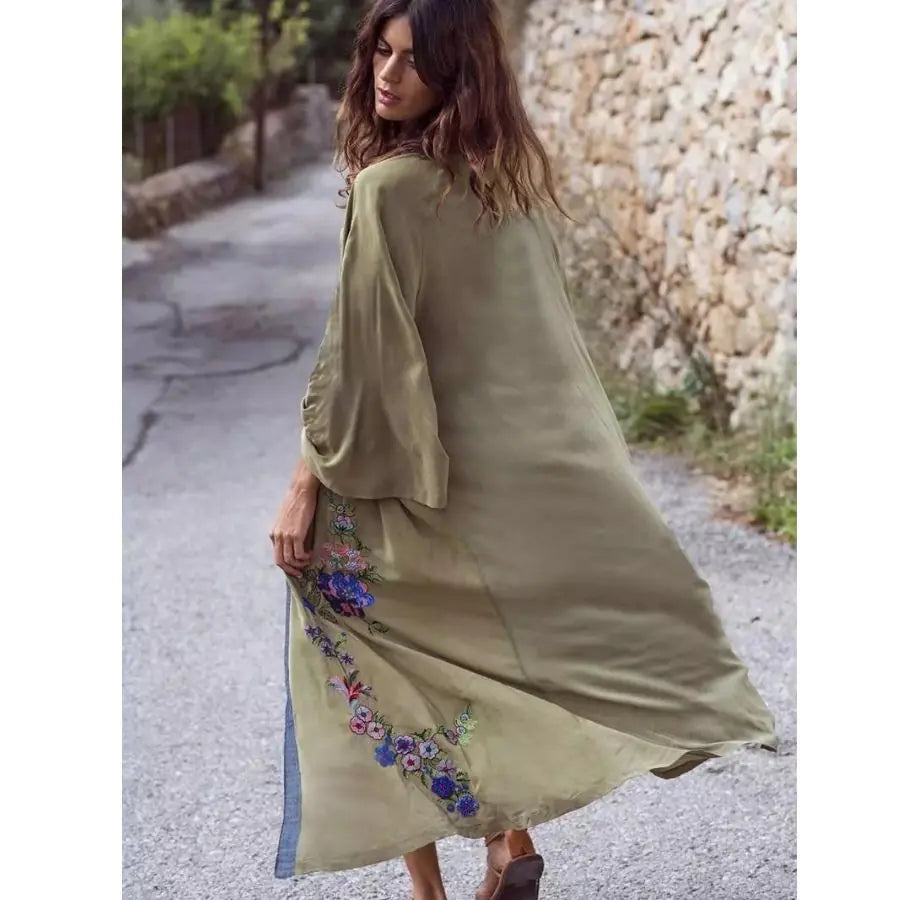 Chic Long Kimono Embroidered Beach Coverup