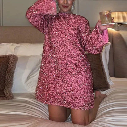 Glittering Sequined Bow-Back Long-Sleeve Special Occasion Dress