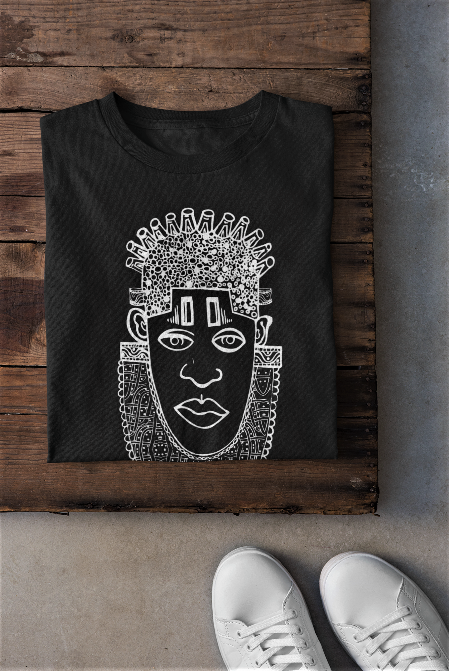 Queen Idia African Art Earth Positive T-Shirt, White on Black