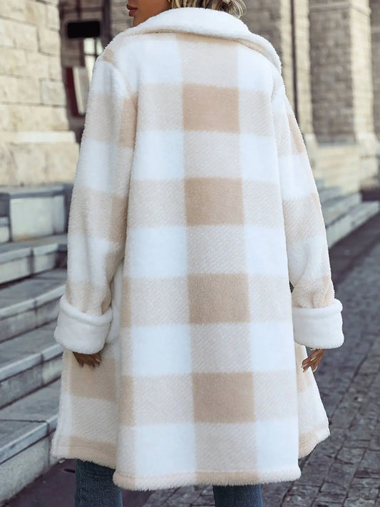 Vireous Single-Breasted Plush Beige & White Women's Long Coat