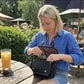 Floral Lined Leather Midi Satchel in Navy