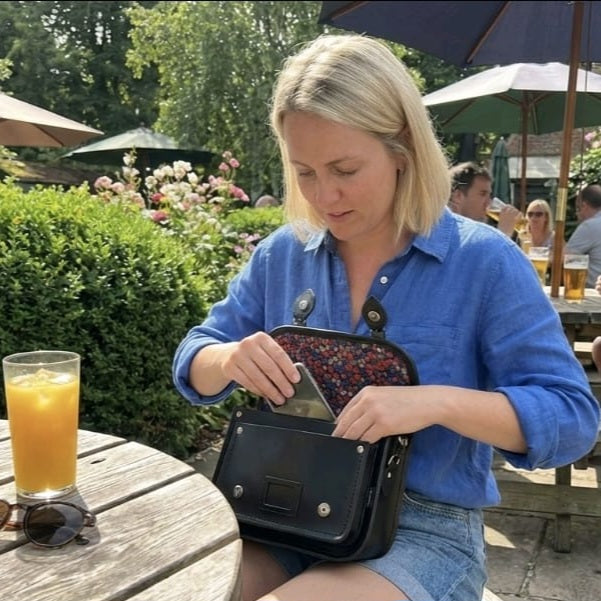 Floral Lined Leather Midi Satchel in Navy
