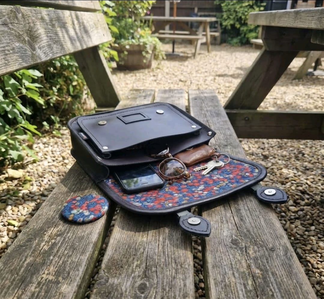 Floral Lined Leather Midi Satchel in Navy