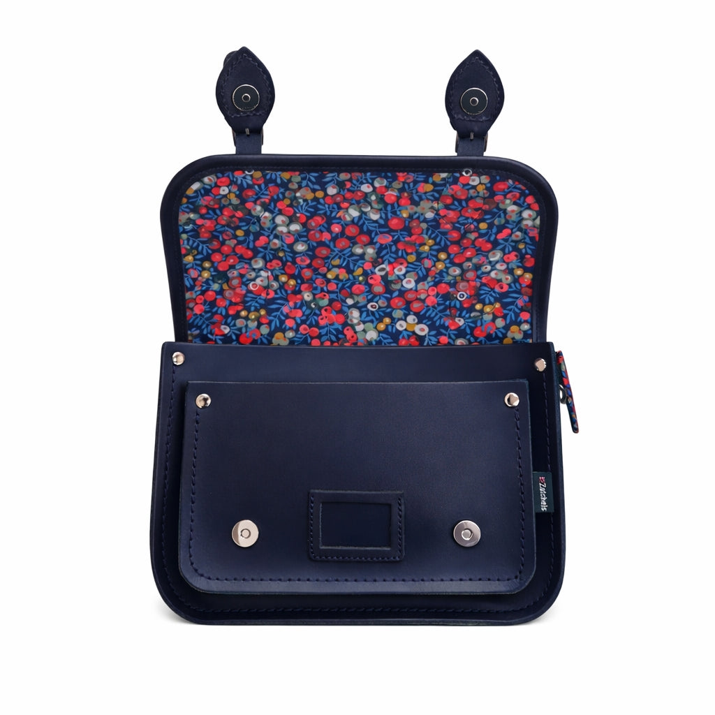 Floral Lined Leather Midi Satchel in Navy