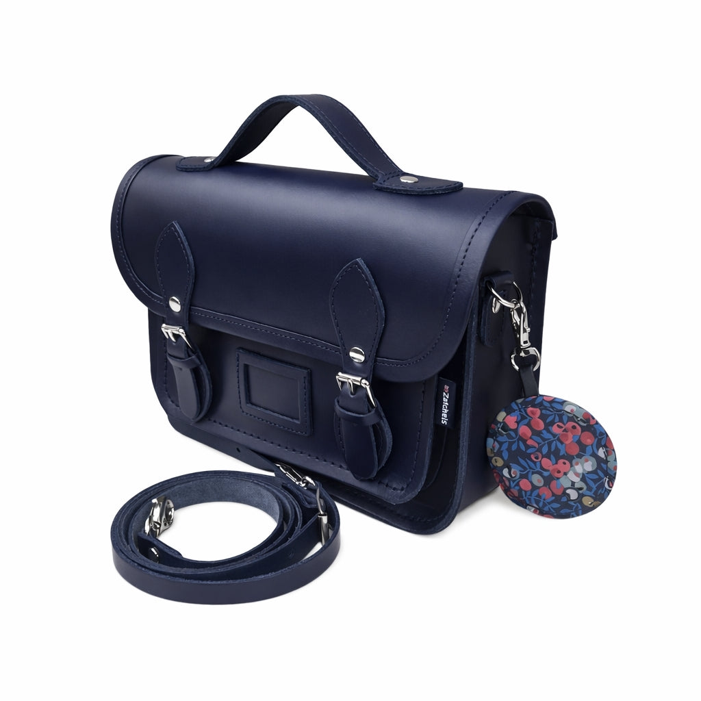 Floral Lined Leather Midi Satchel in Navy