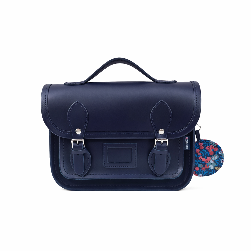 Floral Lined Leather Midi Satchel in Navy