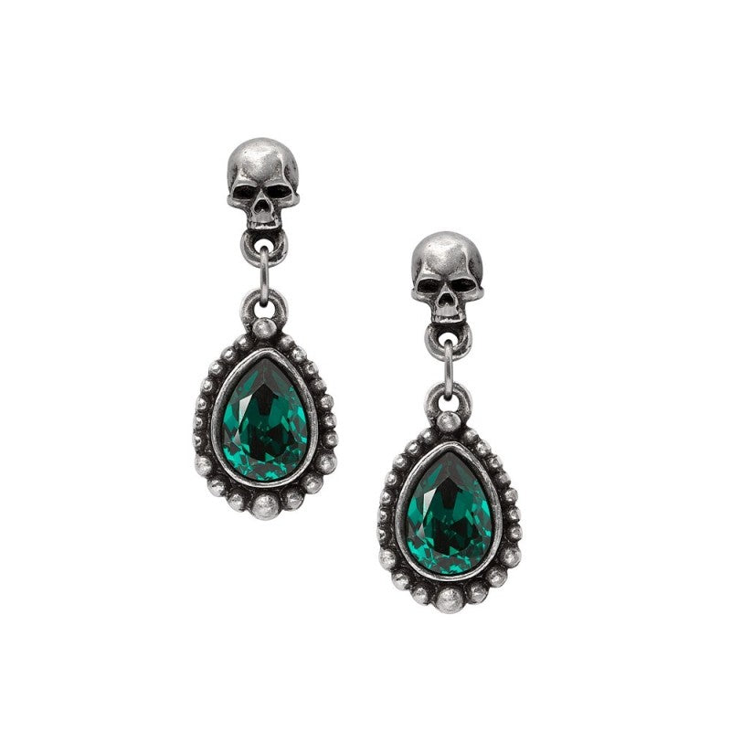 Skull Earrings Green Crystal Dangle, Alchemy Gothic