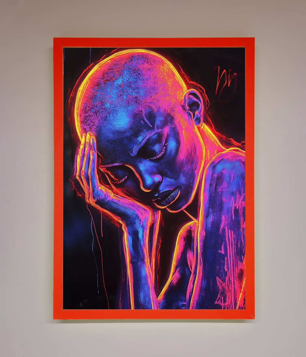 Neon Woman, Hands in Head Framed Print