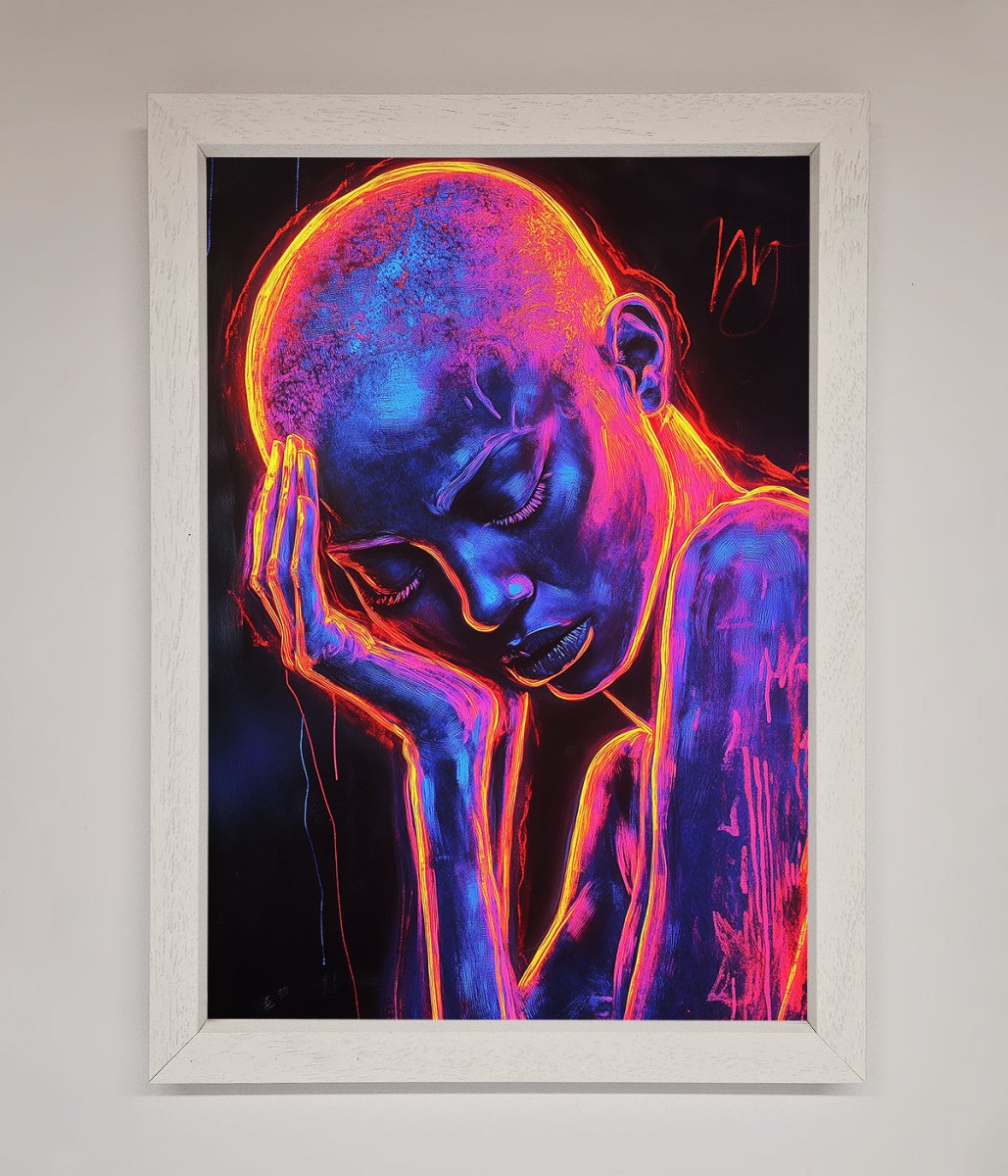 Neon Woman, Hands in Head Framed Print