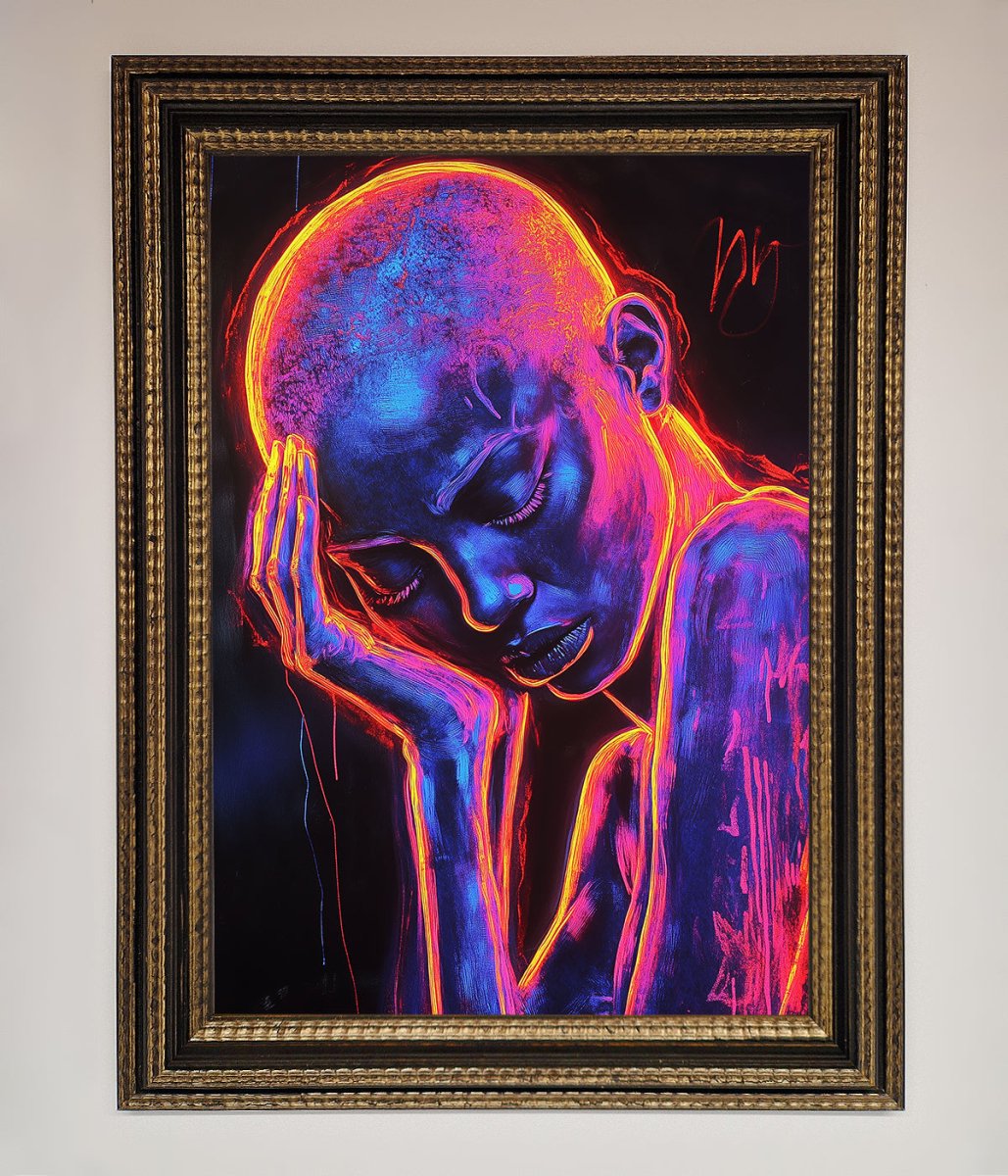 Neon Woman, Hands in Head Framed Print