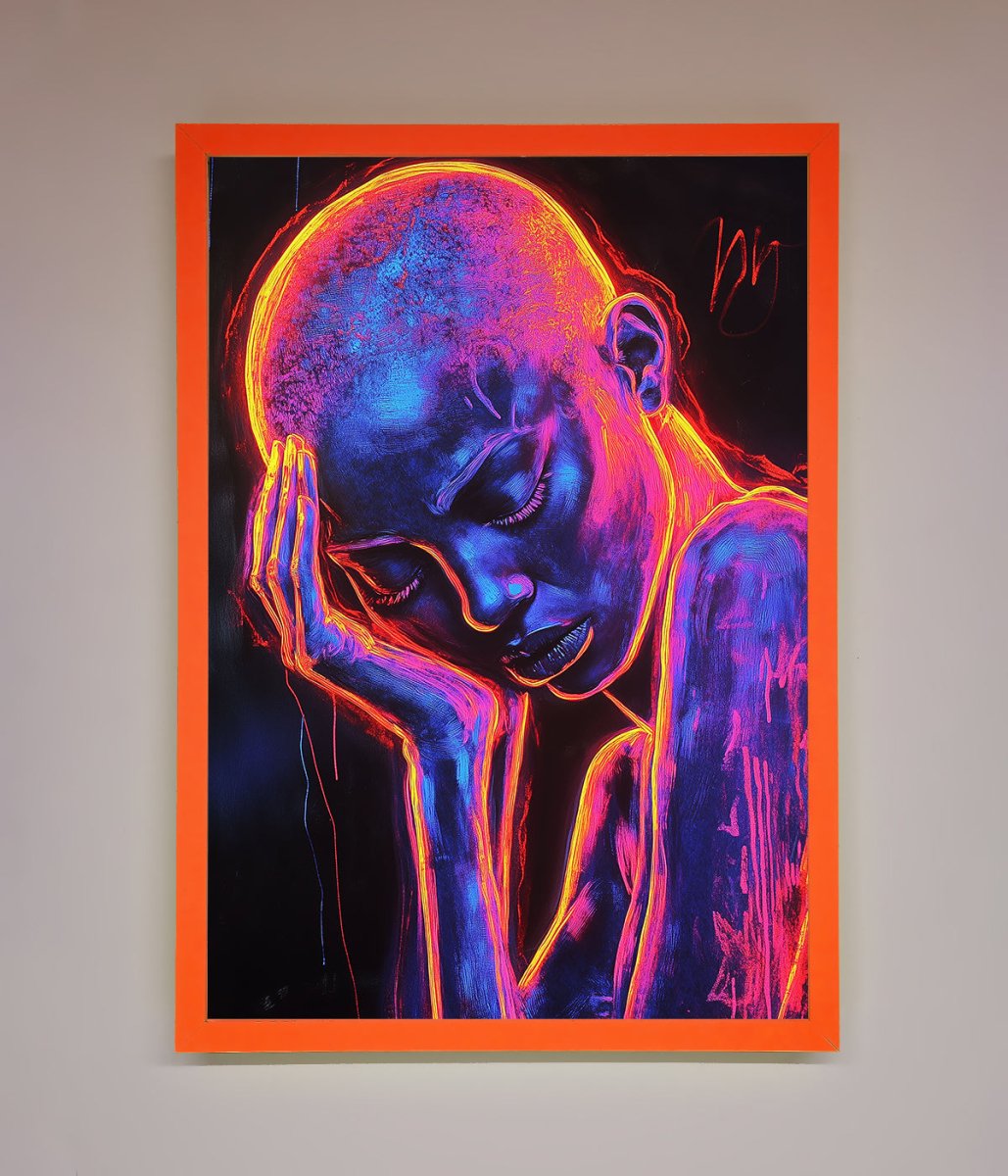Neon Woman, Hands in Head Framed Print