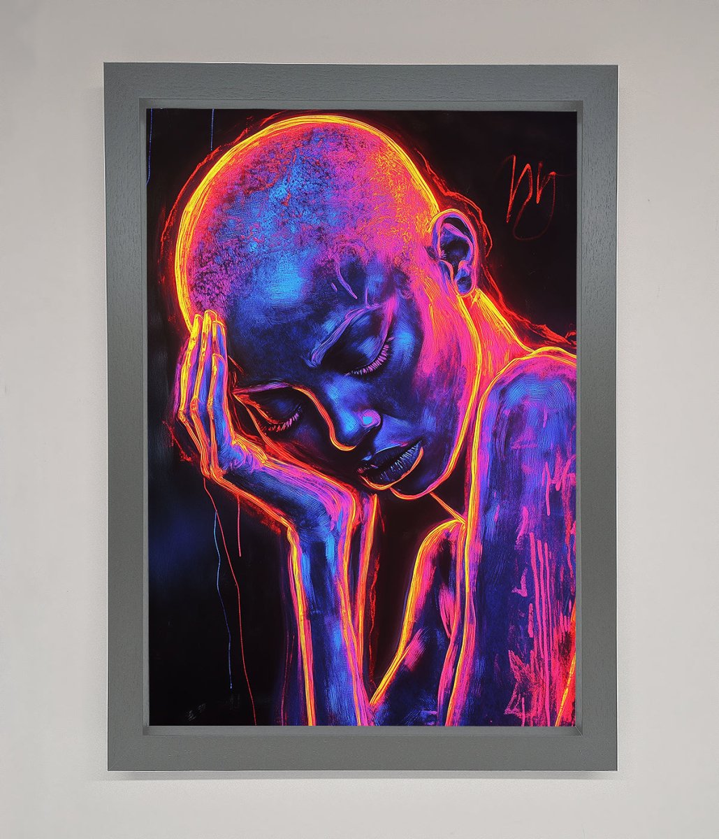 Neon Woman, Hands in Head Framed Print