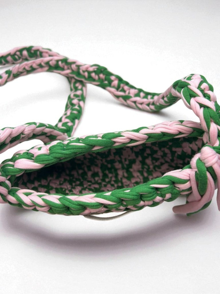Green and Pink Crochet Bag, Handmade with T-Shirt Yarn