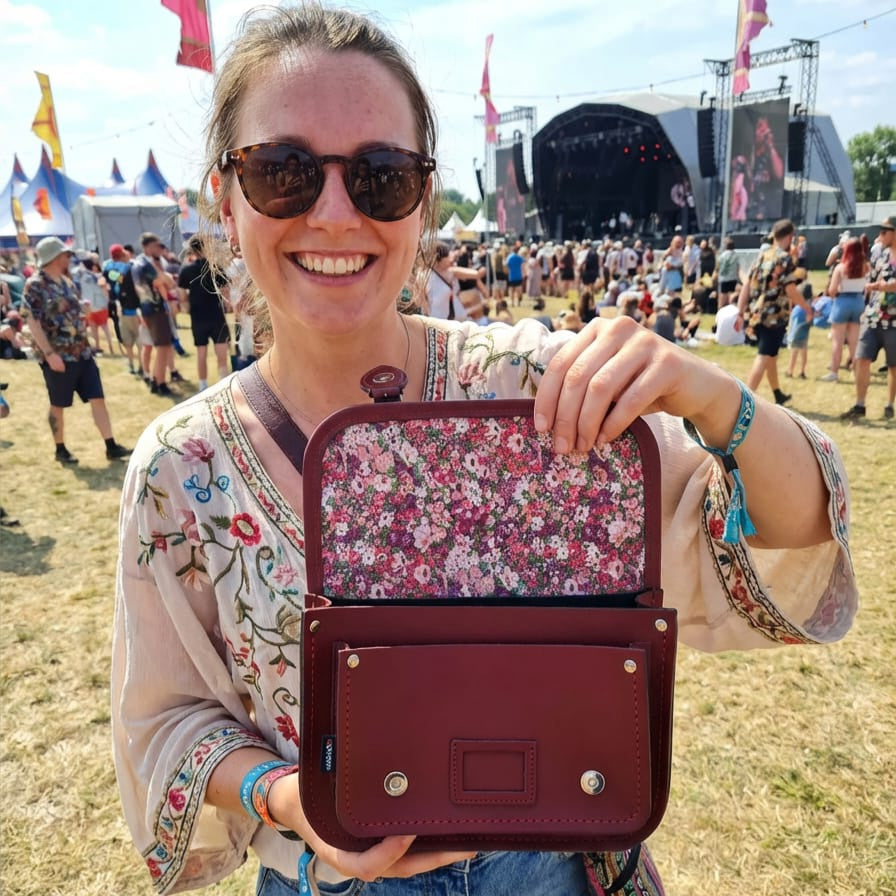 Floral Lined Leather Midi Satchel in Oxblood