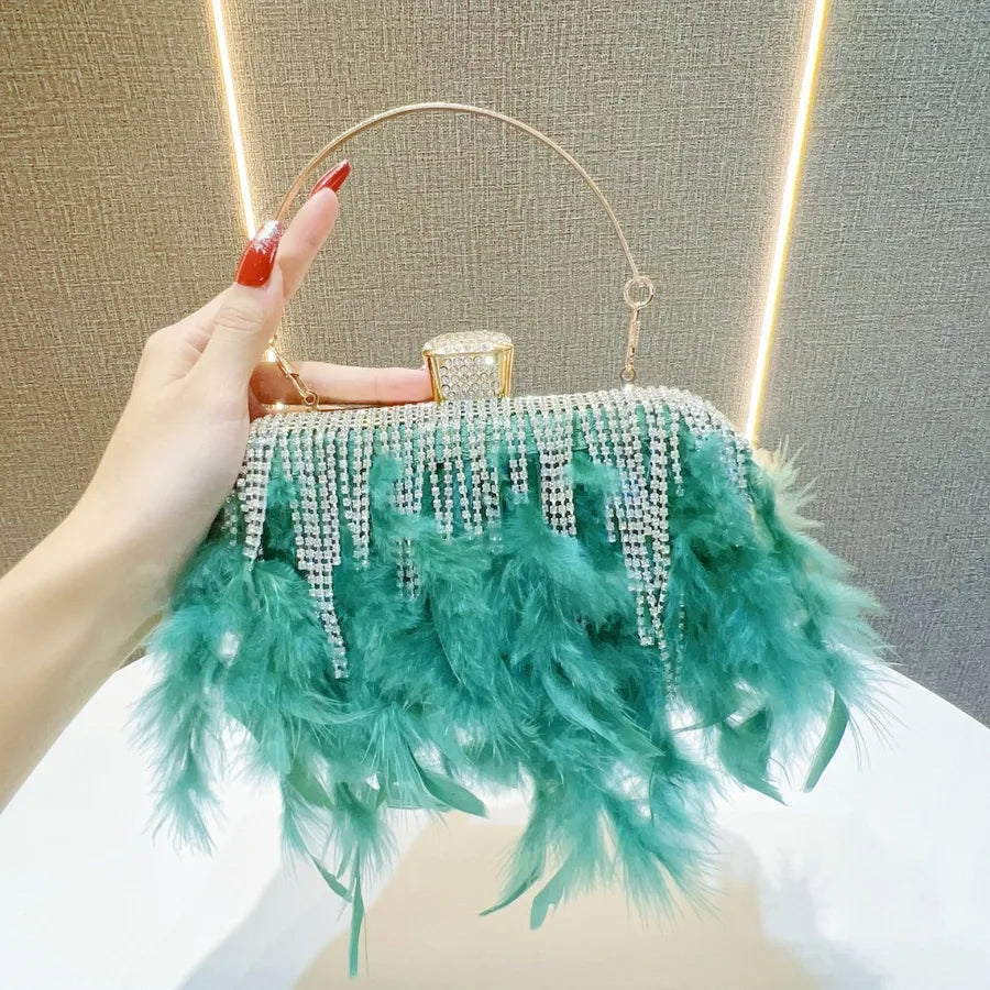 Rhinestone Tassel Feather-Trimmed Clutch Bag