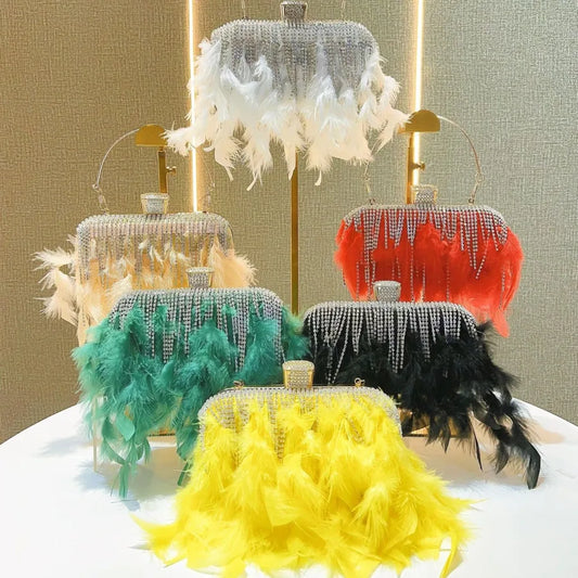 Rhinestone Tassel Feather-Trimmed Clutch Bag
