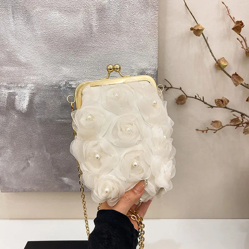 Floral-Embellished Clutch Shoulder Bag, Clasp Closure