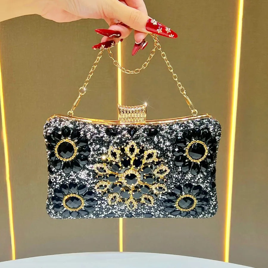 Elegant Diamond-Embedded Evening Bag, Formal Clutch Chain Handbag