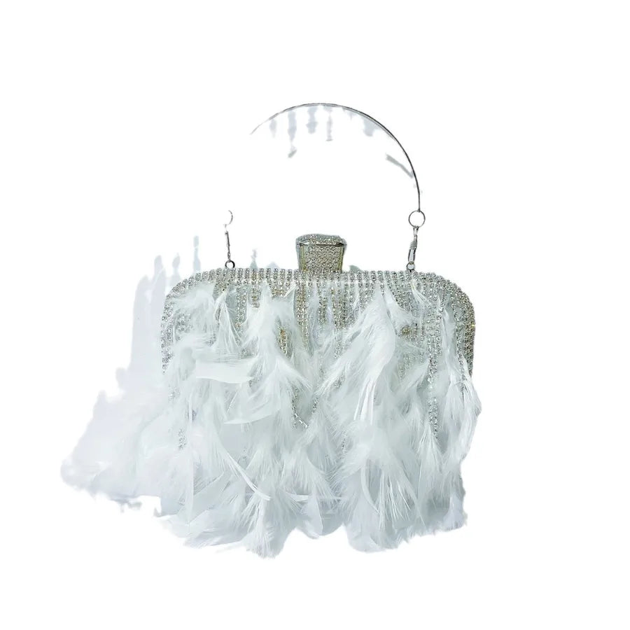 Rhinestone Tassel Feather-Trimmed Clutch Bag