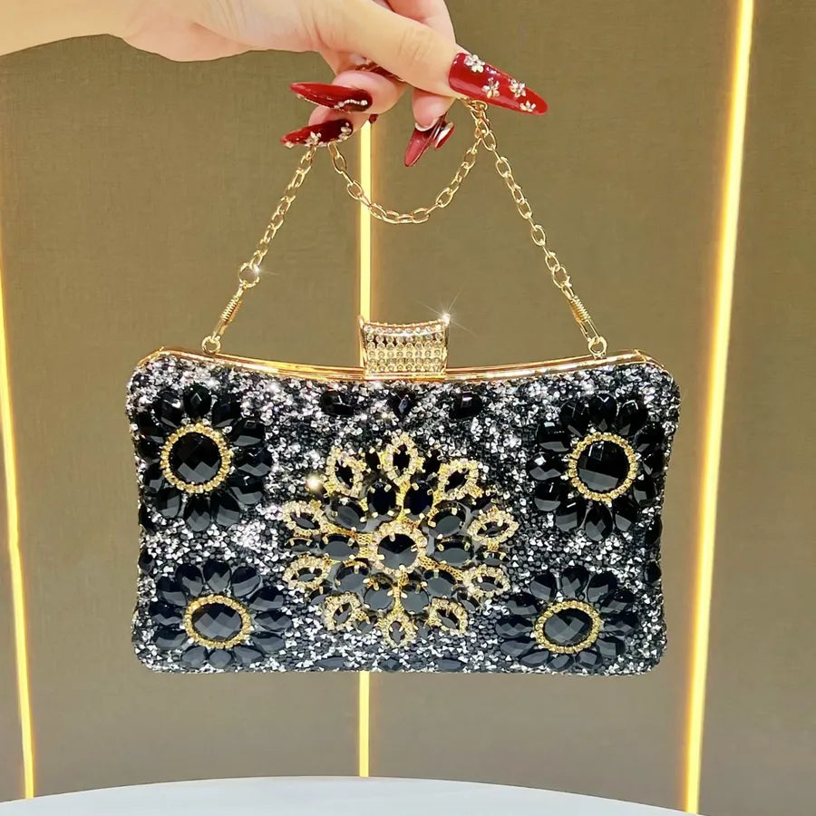 Elegant Diamond-Embedded Evening Bag, Formal Clutch Chain Handbag