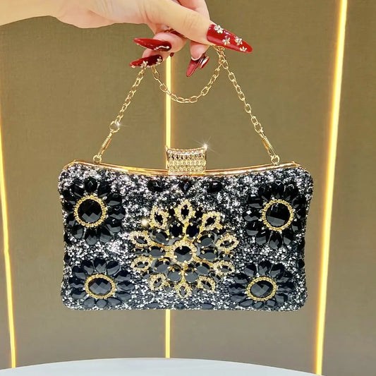 Elegant Diamond-Embedded Evening Bag, Formal Clutch Chain Handbag