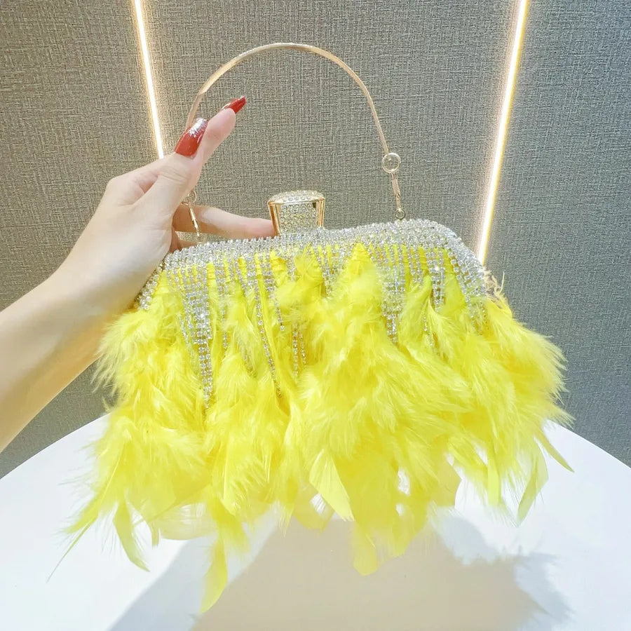 Rhinestone Tassel Feather-Trimmed Clutch Bag