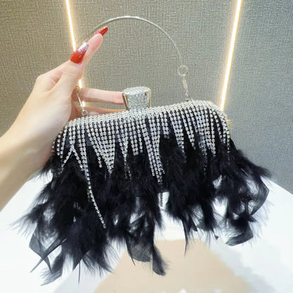 Rhinestone Tassel Feather-Trimmed Clutch Bag