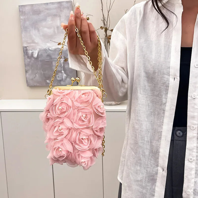 Floral-Embellished Clutch Shoulder Bag, Clasp Closure