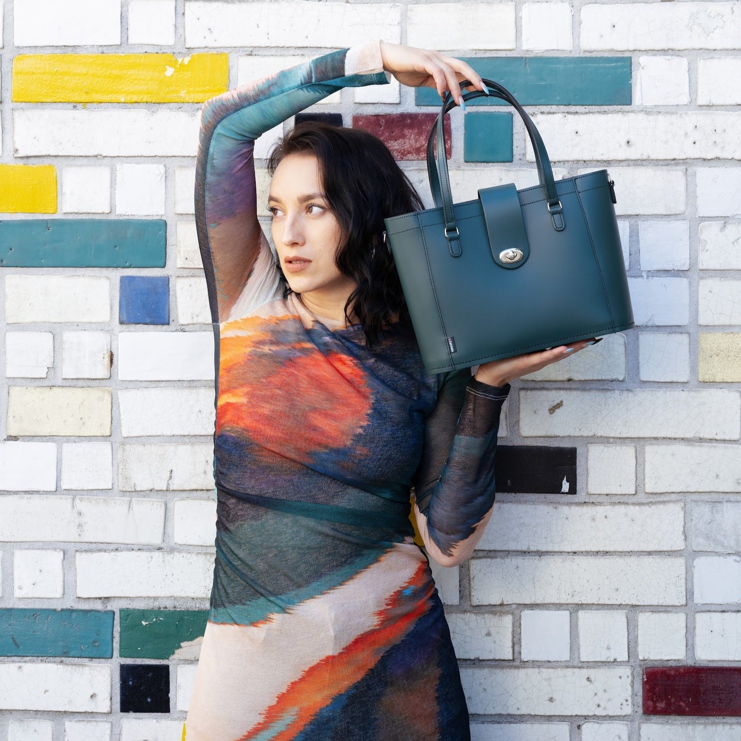 Leather Mini Twist Lock Shopper Bag in Pine