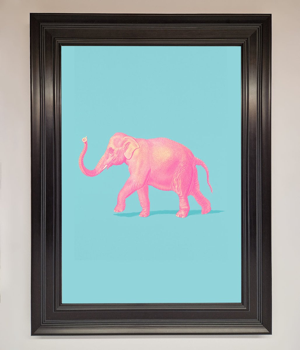 Pink Elephant on Blue Framed Print