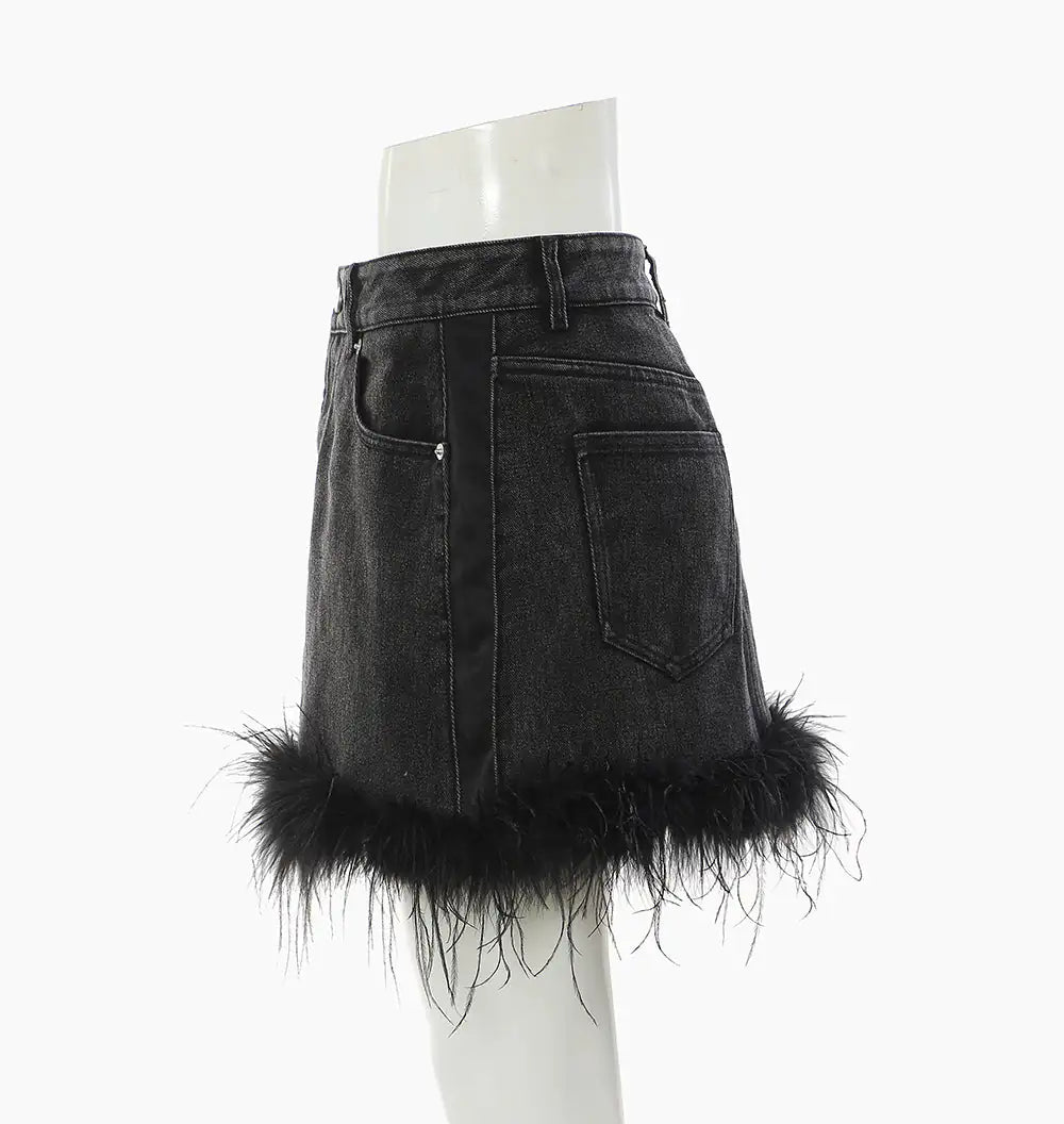 Vireous Feather Trim Black Denim Skirt