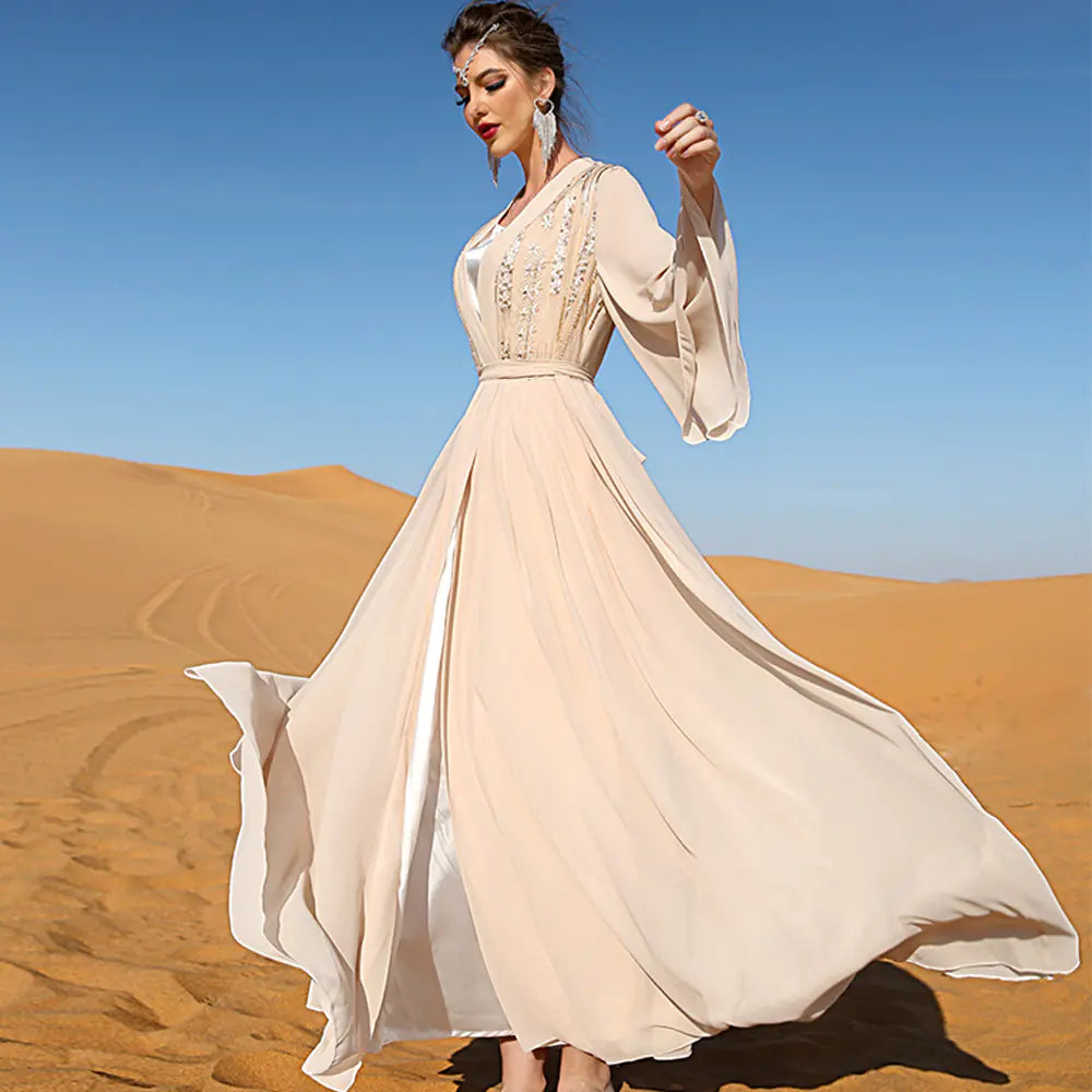 Vireous Beige Double-Layer Chiffon Outerwear Dress and White Liner