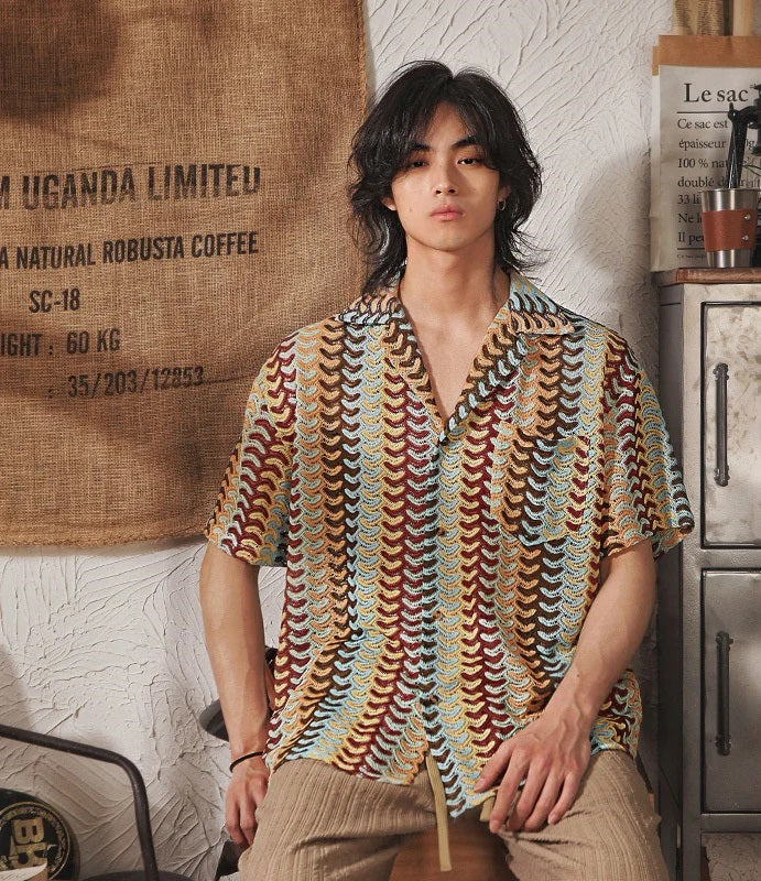 Men's Cuban-Collar National-Style Hollow Out Jacquard Short-Sleeve Shirt