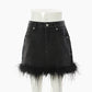 Vireous Feather Trim Black Denim Skirt