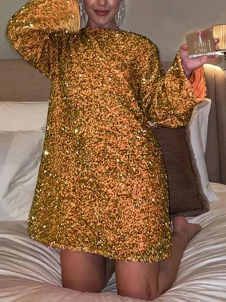 Glittering Sequined Bow-Back Long-Sleeve Special Occasion Dress