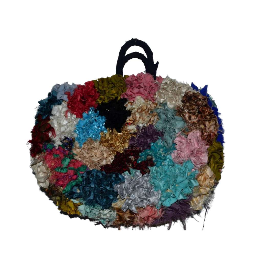 Handmade Multicolour Handbag with Fabric Pom-Poms