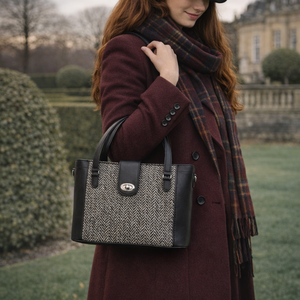 Tannery Tweed & Leather Mini Twist Lock Shopper Bag in Black