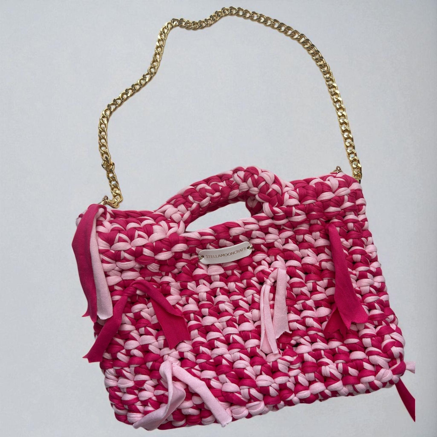 Pink Handmade Crochet Handbag with Gold Chain Strap