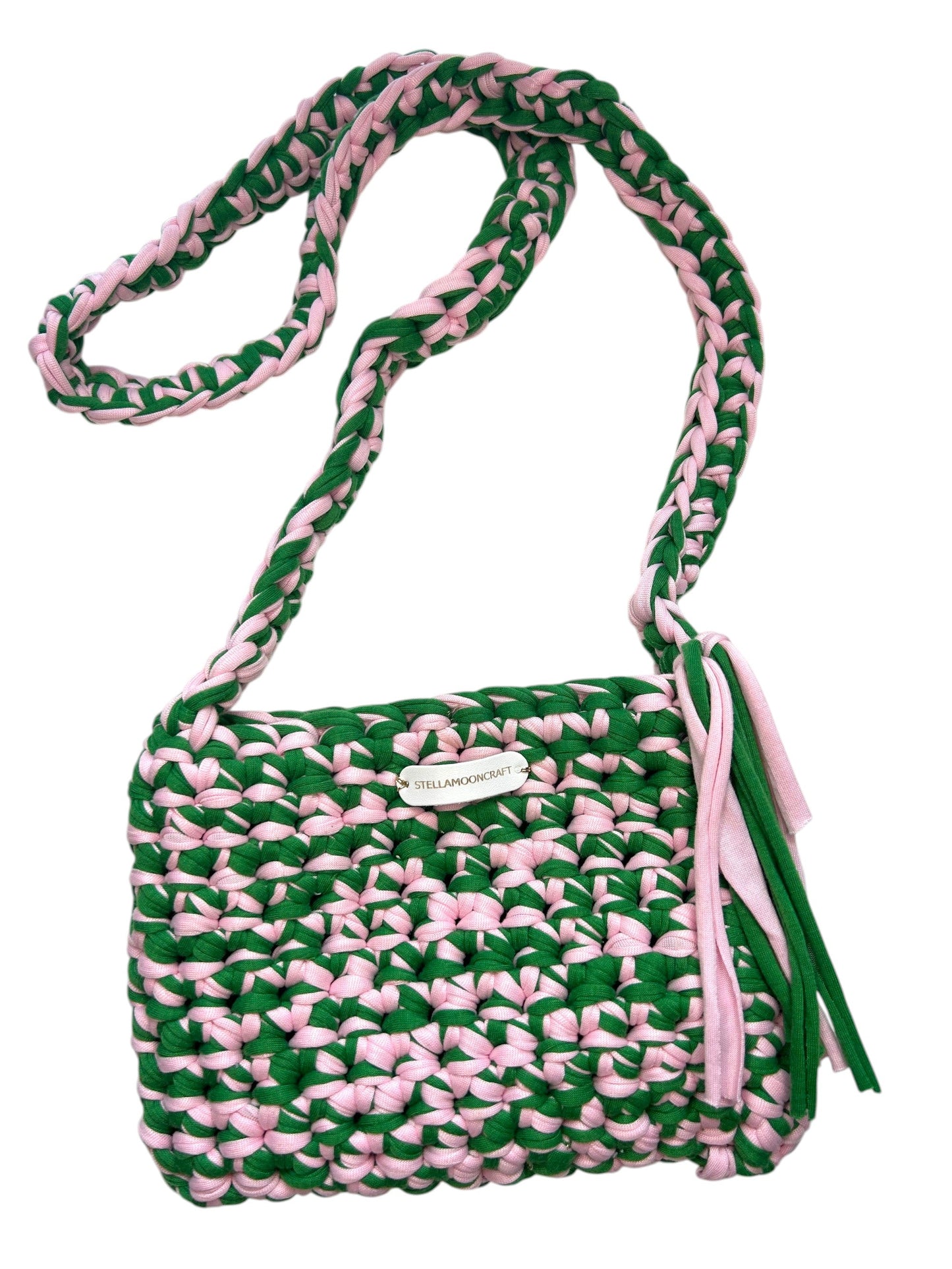 Green and Pink Crochet Bag, Handmade with T-Shirt Yarn