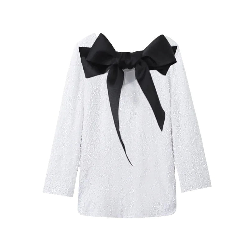 Glittering Sequined Bow-Back Long-Sleeve Special Occasion Dress