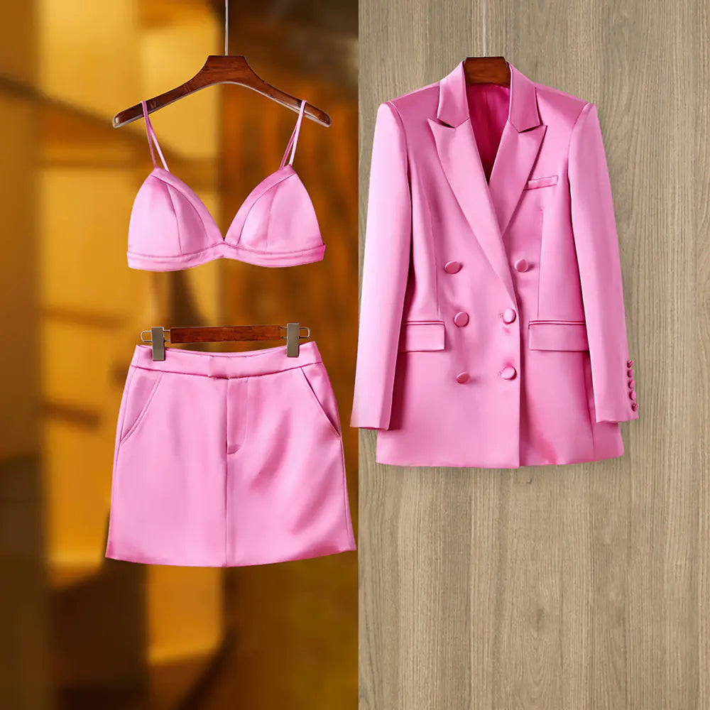 Vireous Women's Pink Satin Suit Jacket and Skirt Set