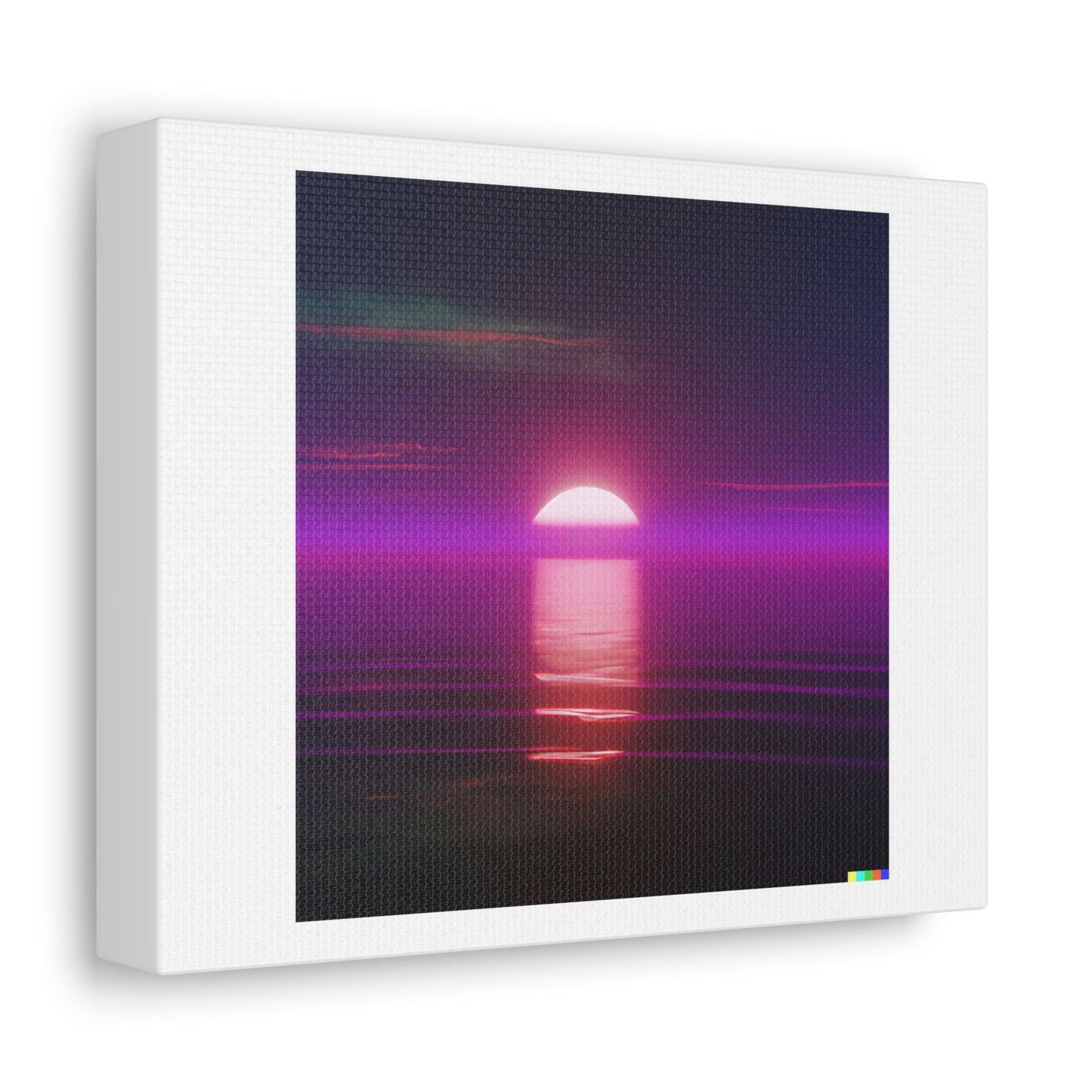 Coucher de soleil de style Synthwave au-dessus de l'eau réfléchissante de l'art numérique de la mer « conçu par AI » sur toile