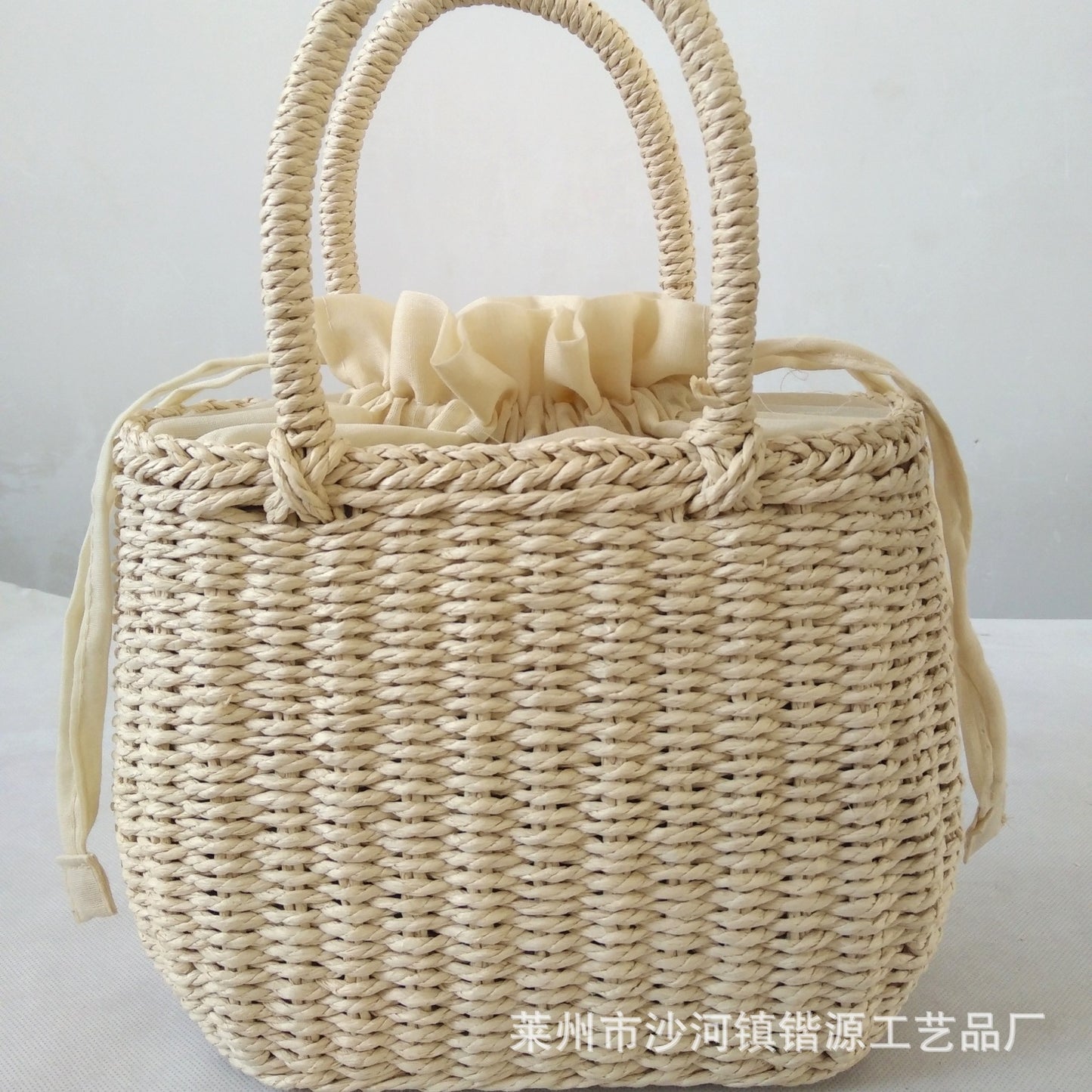 Straw Braided Drawstring Handbag Travel Semi-Formal Beach Bag